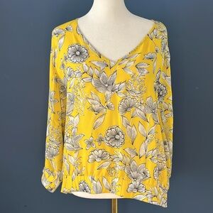 A New Day yellow/black/white floral blouse elastic waist and sleeve cuffs V neck